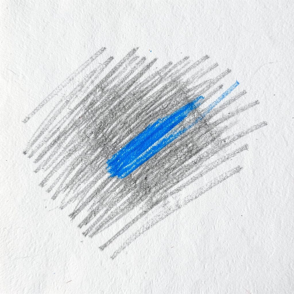 Graphite pencil sketch of an outdoor picnic table on a lawn, soft blue-grey shading and warm wood tones, peaceful mood