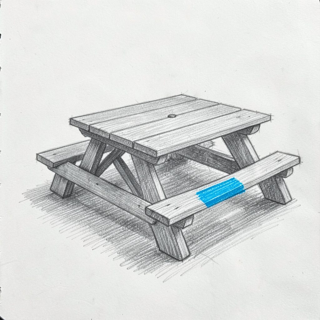 Graphite pencil sketch of a sturdy wooden picnic table on a workshop floor, soft grey and warm brown tones, calm and inviting mood